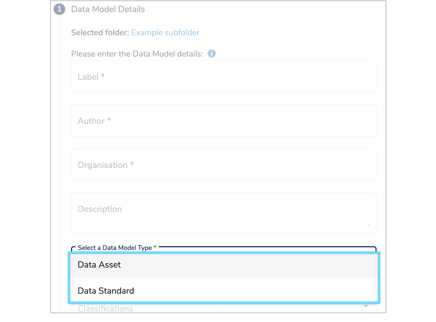 Data Type dropdown menu on Data Model details form