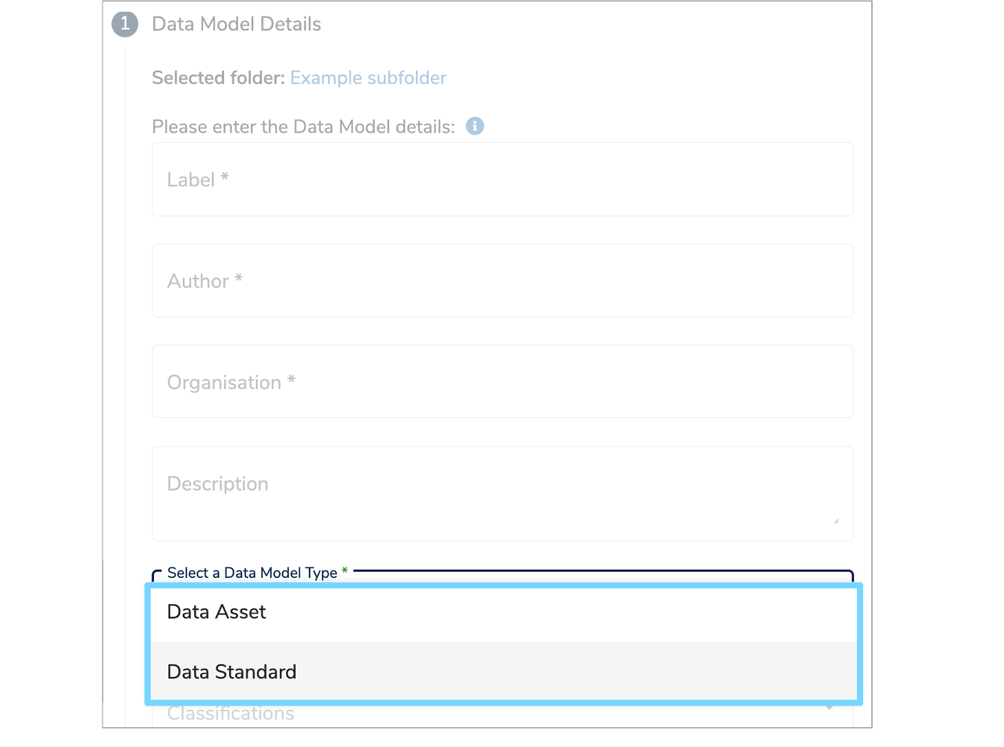 Data Type dropdown menu on Data Model details form