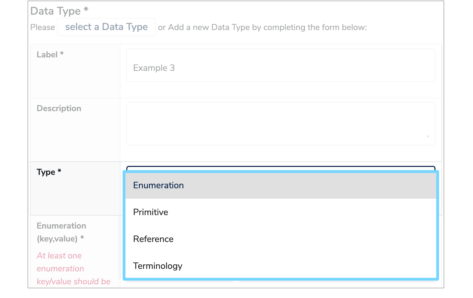 Data Type dropdown menu