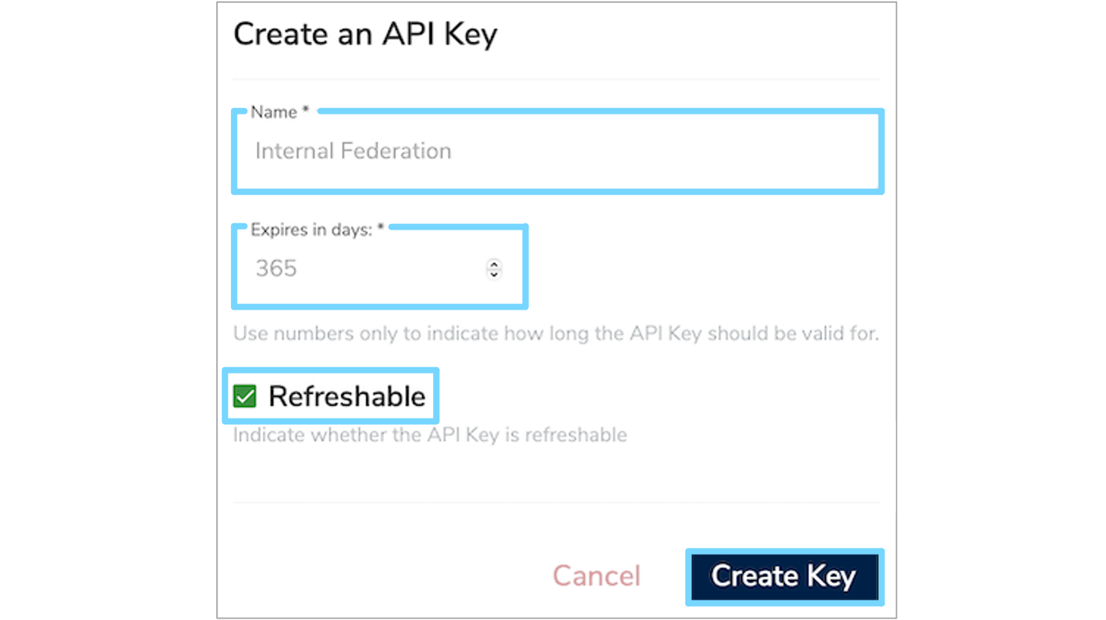 Dialog for creating a new API Key