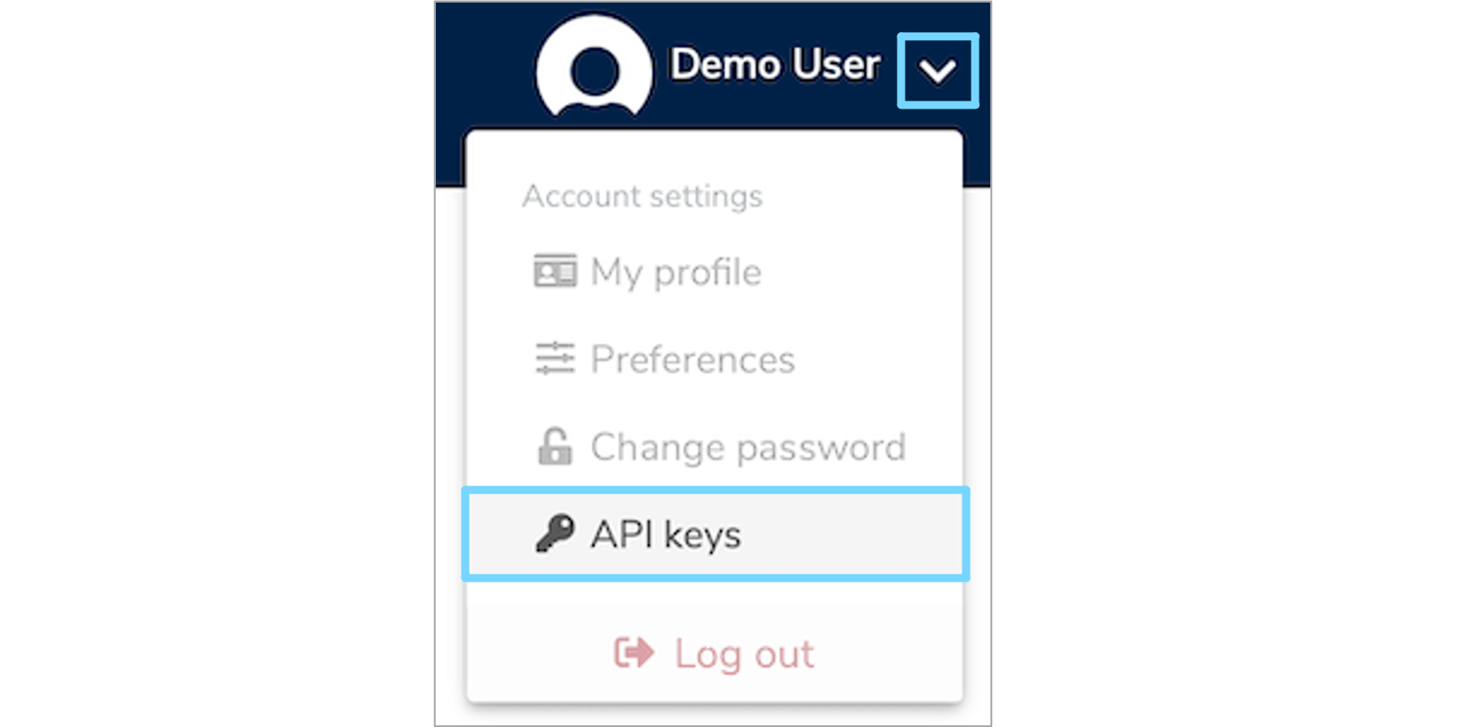 API keys menu item in the User dropdown list