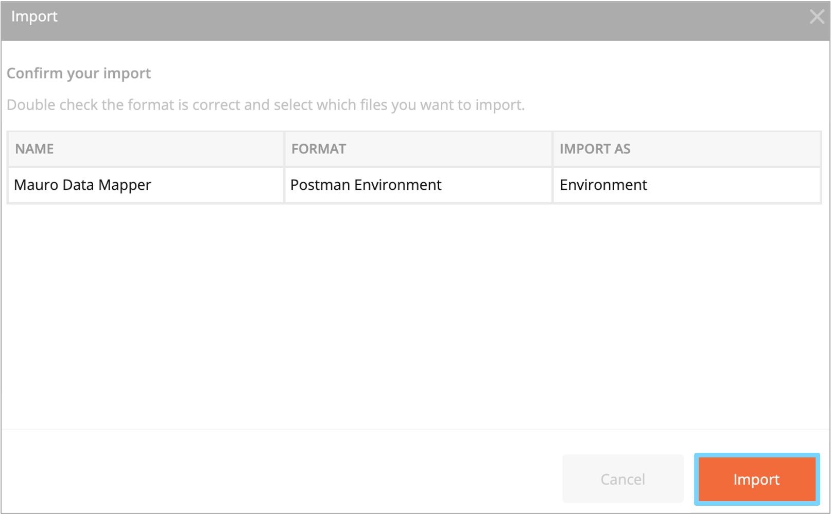 Import the Mauro environment in Postman