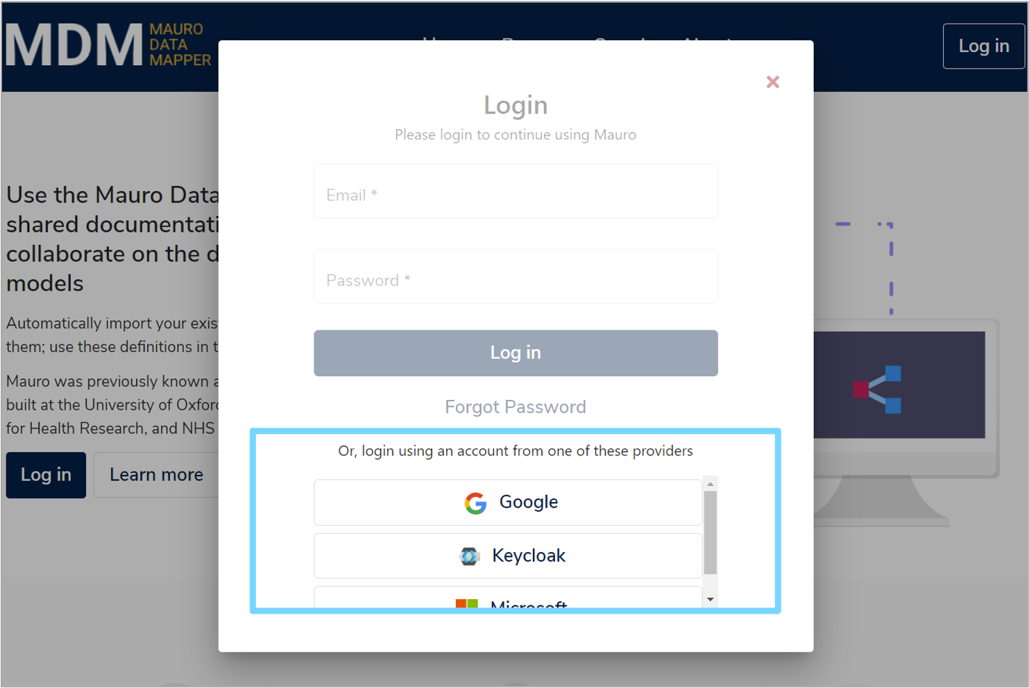 OpenID Connect provider options available in login form