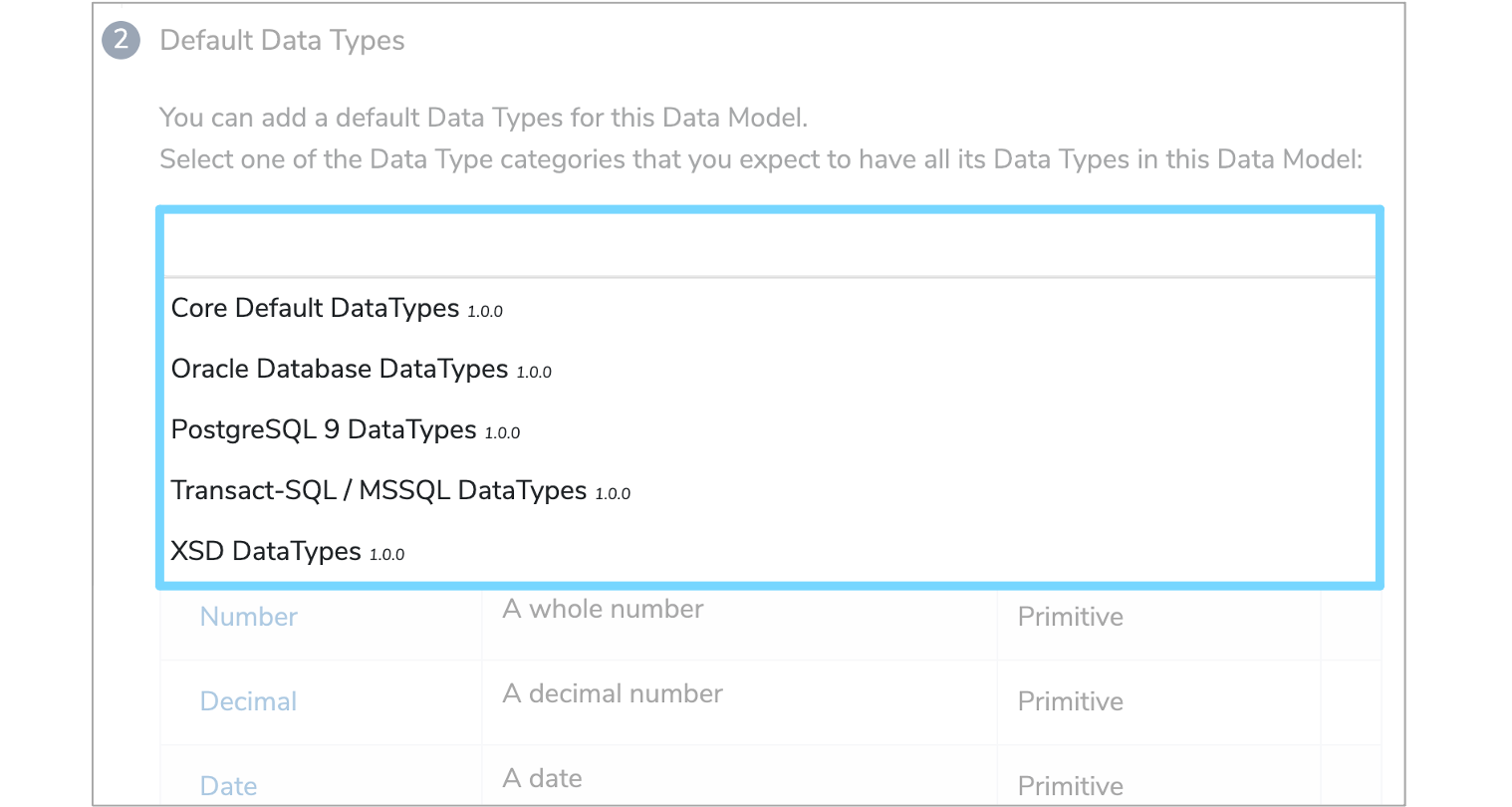 Default Data Types section of New Data Model form