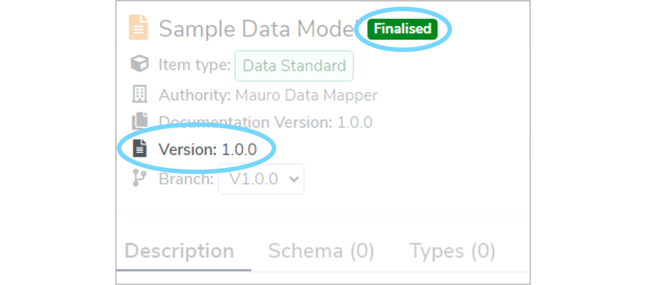 Finalised icon and version number in finalised data model details panel