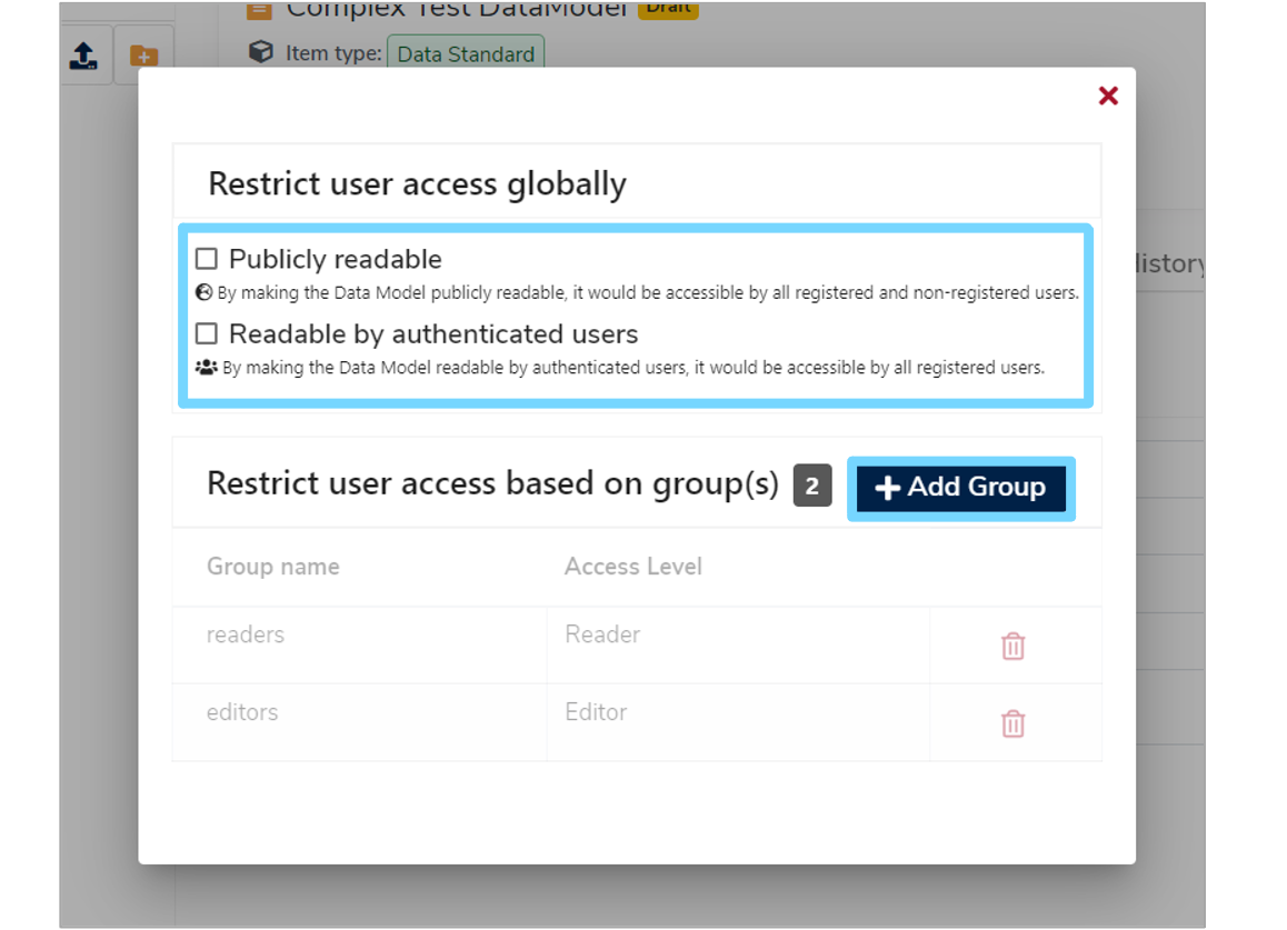 Dialogue box showing the global user access
