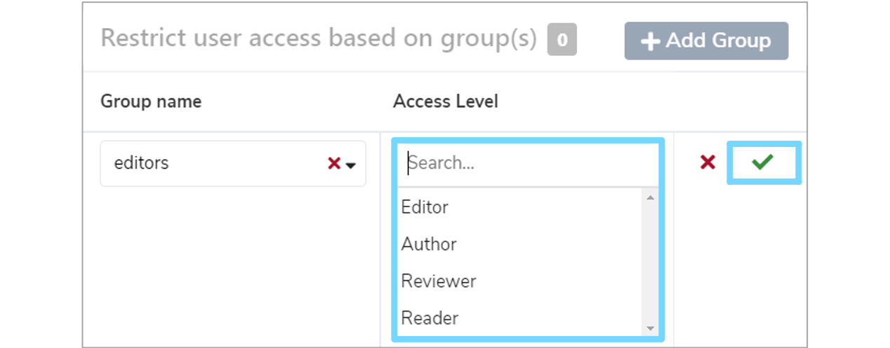 Group access dialogue box showing Access level dropdown menu