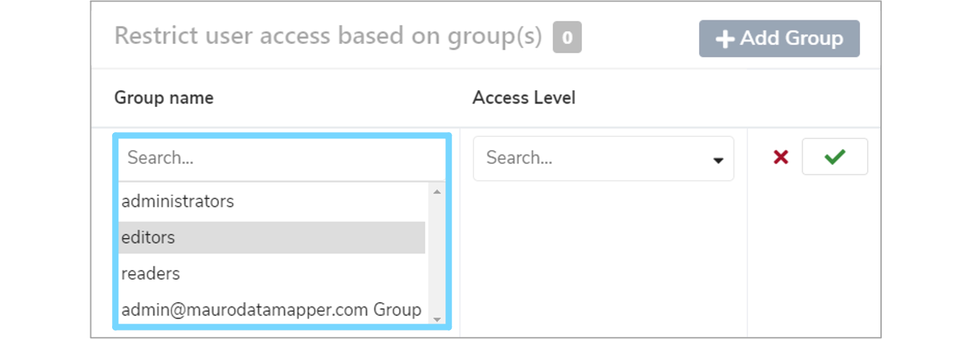 Group access dialogue box showing Group name dropdown menu