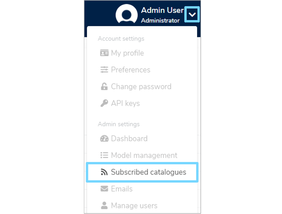 Subscribed catalogues menu item in the User dropdown list