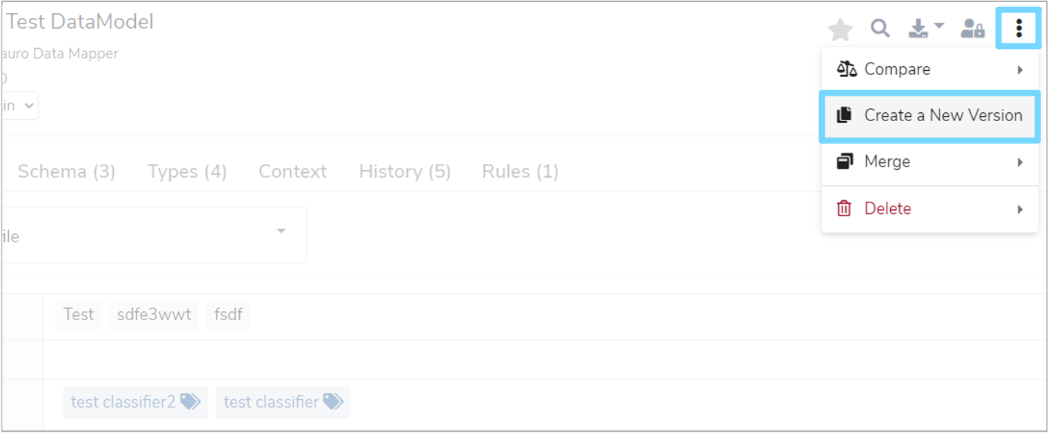 Create new version option in dropdown menu